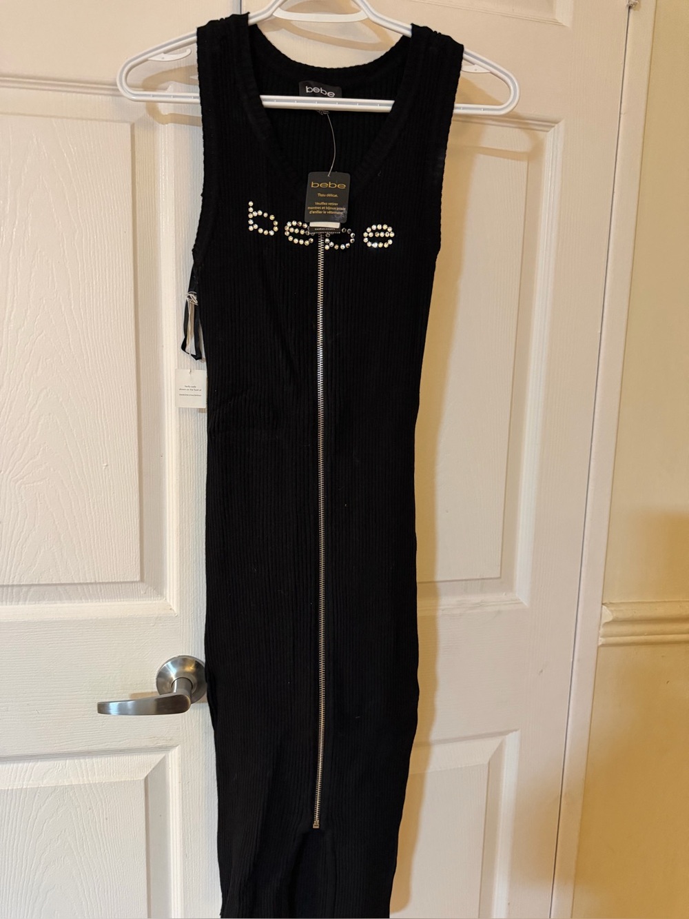bebe Black Ribbed V-Neck Tank with Embellished Logo